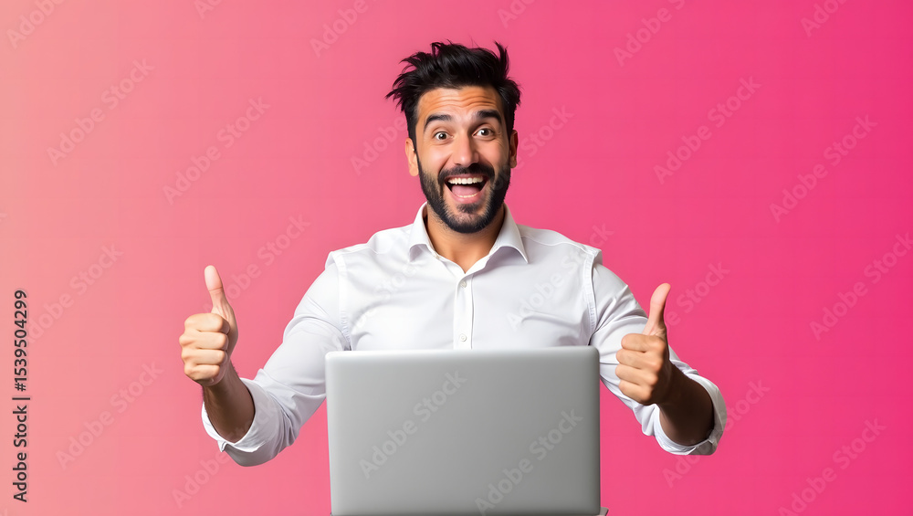Smiling Bearded Man Giving Thumbs Up with Laptop on Pink Background
Smiling Bearded Man Giving Thumbs Up with Laptop on Pink Background