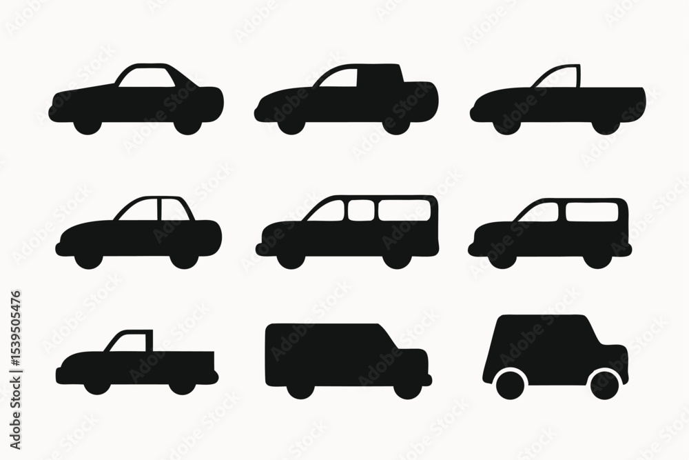 Collection of Simple Black Car Silhouettes Icons for Design Projects Collection of Simple Black Car Silhouettes Icons for Design Projects