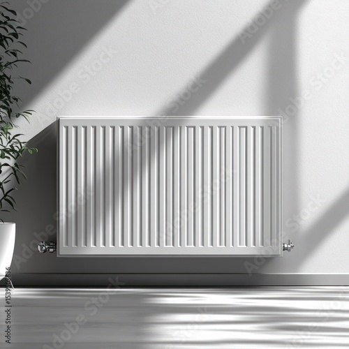 Wallpaper Mural Modern white wall-mounted radiator casting shadows on a light floor with sunlight streaming in and a green potted plant on the side Torontodigital.ca