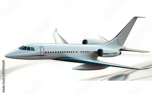 sleek modern private jet airplane flying with smooth reflective surface and clear white background