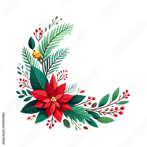 Festive Christmas Poinsettia Corner Design Element Holiday Wreath Illustration