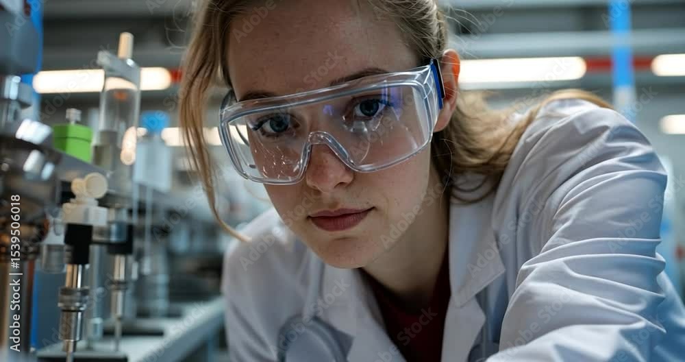 Focused young woman scientist in safety glasses and lab coat conducts experiment in a modern laboratory setting. Close-up shot Focused young woman scientist in safety glasses and lab coat conducts experiment in a modern laboratory setting. Close-up shot