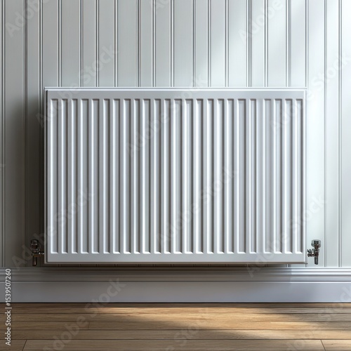 Wallpaper Mural White vertical panel radiator mounted on a light gray paneled wall with wooden floor beneath, bright natural light casting soft shadows Torontodigital.ca