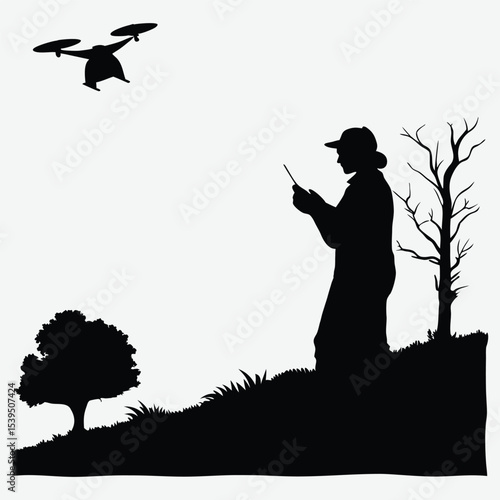 A person flying a drone in the countryside image silhouette design vector art and illustration