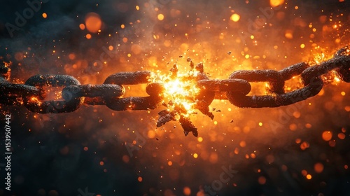 Close-up of a heavy metal chain breaking apart with fiery sparks and glowing molten metal against a dark background, symbolizing strength and rupture