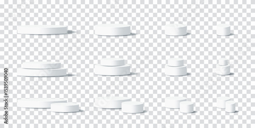 Minimal white podiums display for beauty products. 3D cosmetic pedestal for skincare branding. Vector illustration set on transparent background