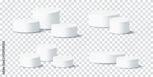 Realistic white stands for cosmetic packaging. 3D podium background for makeup or skincare showcase. Vector illustration set isolated on transparent background