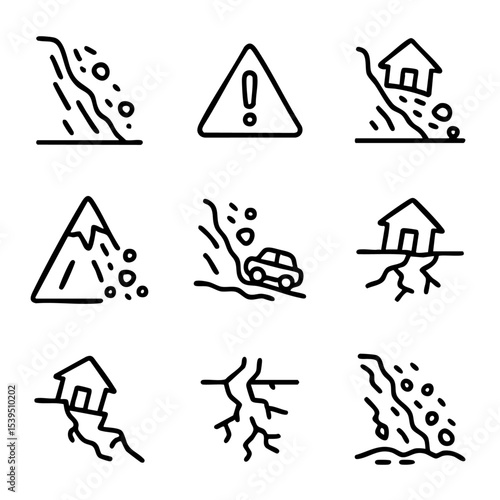 A set of doodle line icons showing landslides, ground cracks, falling rocks, hazard signs, and damage to houses and roads