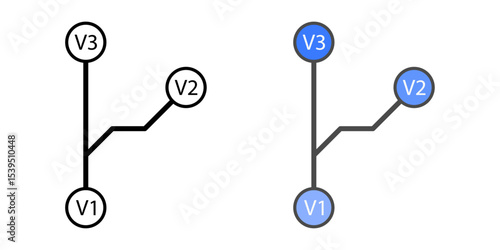 Version control icon with branching arrows and commit dots, in outline and color styles, ideal for illustrating source code management, collaboration, and software versioning.