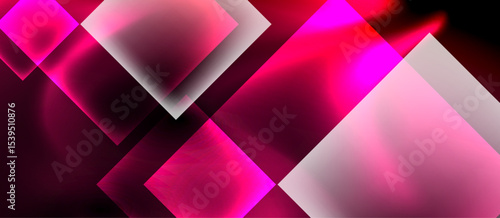 Abstract geometric shapes, vibrant pinks, whites over black background. Soft gradients create dynamic visual effect.