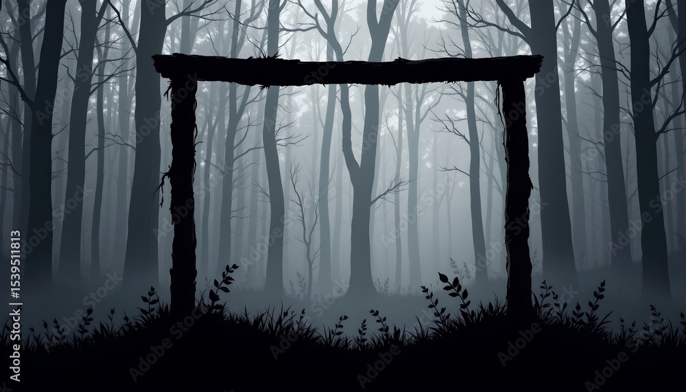 Naklejka premium high quality, high contrast graphic of a silhouetted frame against a misty, blurred woodland background, bold shapes, minimal colors.