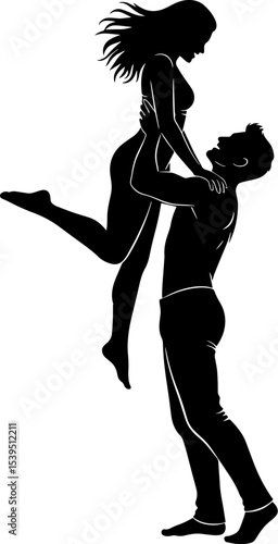 Romantic couple silhouette man lifting woman silhouette