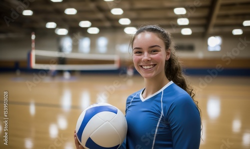 A girl is holding a volleyball in a gym