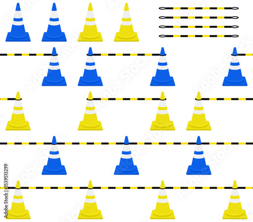 反射仕様のパイロンとコーンバー 青と黄色のスコッチコーン連結セット