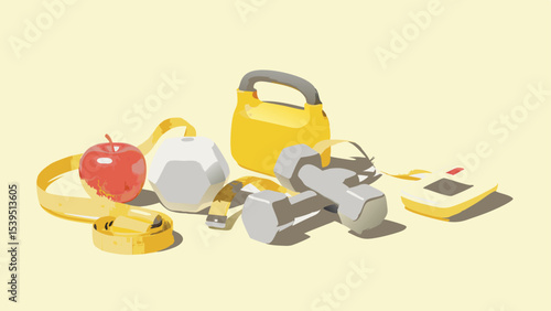 An illustration of fitness equipment including dumbbells kettlebell and apple with measuring tape