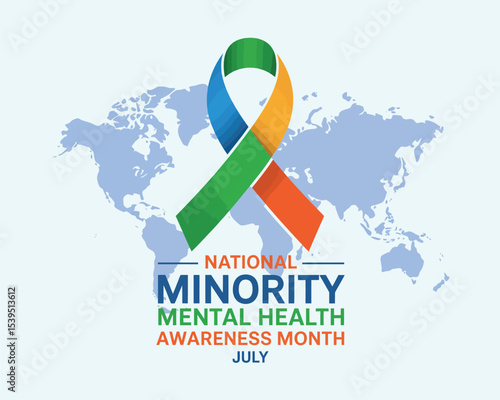 national minority mental health awareness month july ribbon over global world map symbolizing advocacy, diversity, and inclusion