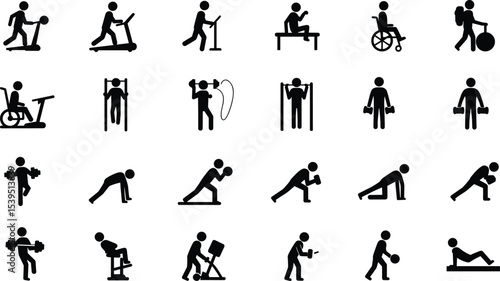 Fitness exercise icon collection, stick figure training illustrations, gym workout, stretching, running, disabled fitness, jumping rope, lifting weights, 