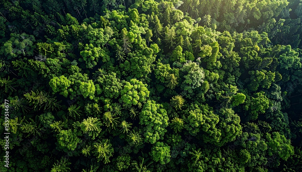 Naklejka premium Aerial view of dense green forest with sunlight and tree canopy