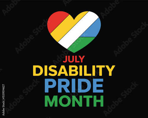 july disability pride month heart design with colorful stripes on black background celebrating inclusion, awareness, and diversity