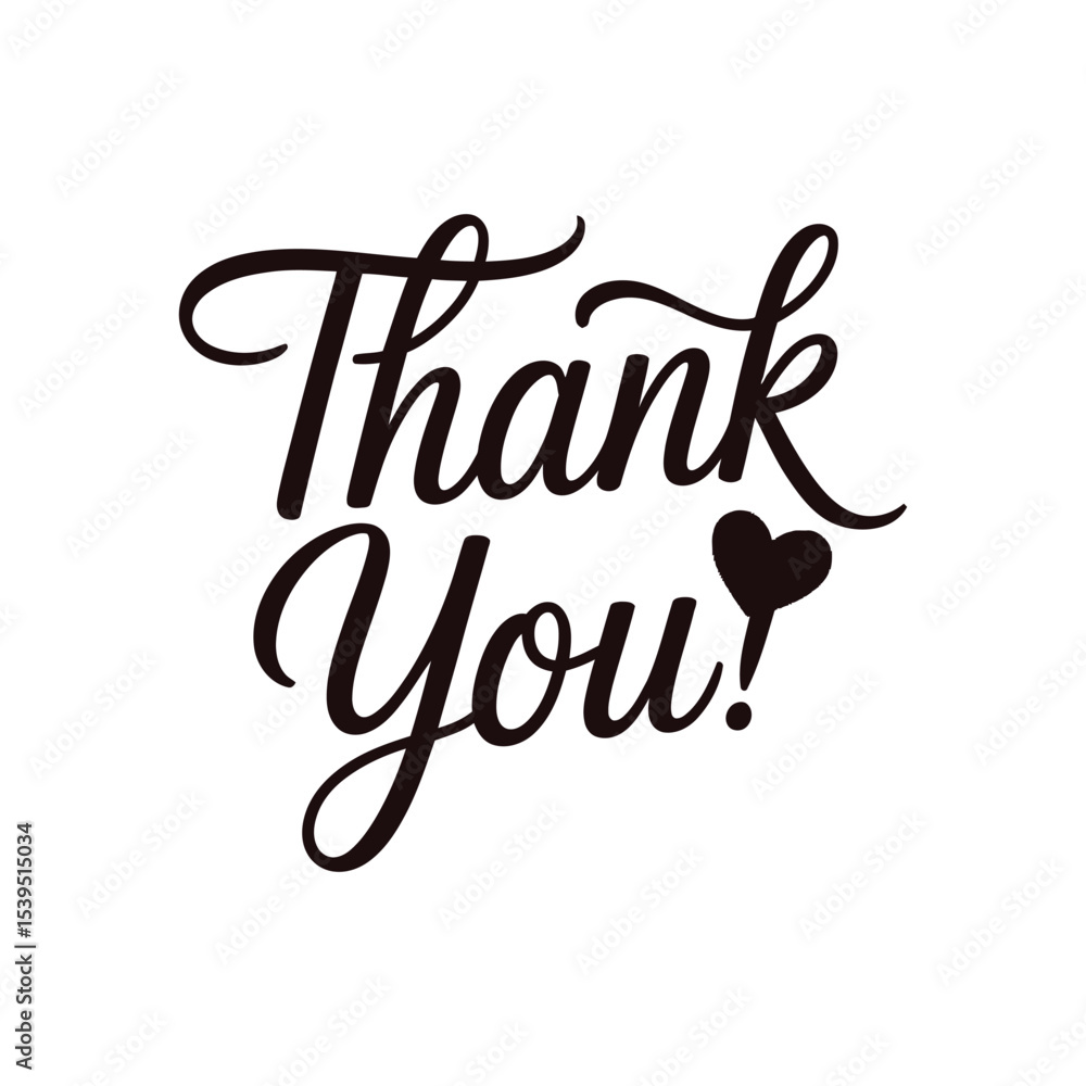 Obraz premium thank you text in elegant calligraphy with heart symbol, black script on white background, suitable for greeting cards or notes