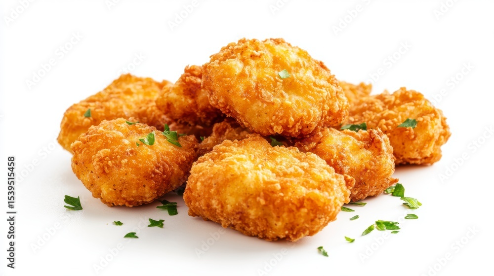 Golden-brown crispy fried nuggets, garnished with fresh parsley, isolated on white background. Golden-brown crispy fried nuggets, garnished with fresh parsley, isolated on white background.