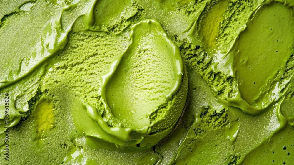 Fototapeta premium Close-up of a scoop of vibrant green matcha ice cream, smooth texture, creamy swirls.