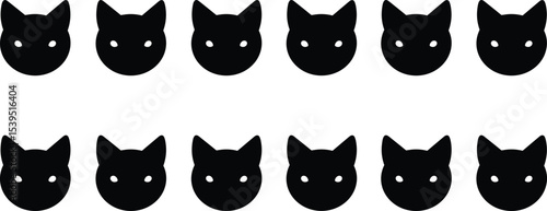 Minimal black cat face icons, vector feline head silhouette, simple cartoon style, animal face illustration, graphic Halloween pet design