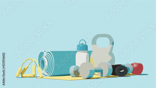 Still life of fitness equipment including a mat kettlebell and dumbbells on a yellow surface