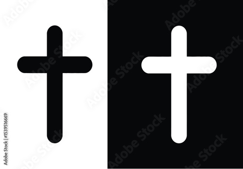 minimalistic black and white cross symbols on split background representing duality, faith, spirituality, and religious identity