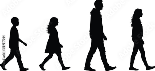 Family walking side by side, silhouette illustration, parents and children in motion, vector black design