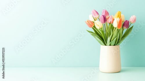 Wallpaper Mural Floral Harmony: A vibrant collection of tulips in full bloom, gracefully arranged in a neutral vase against a backdrop of subtle mint green. A captivating study in colors and textures. Torontodigital.ca