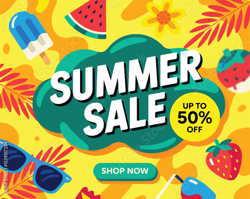 summer sale promotional banner with tropical fruits, ice cream, sunglasses, and vibrant decorative elements on yellow background