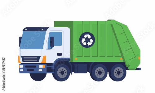 Modern Green Recycling Garbage Truck Side View. A clear, flat-style illustration of a contemporary garbage truck, featuring a vibrant green rear compactor with a prominent white recycling symbol. 