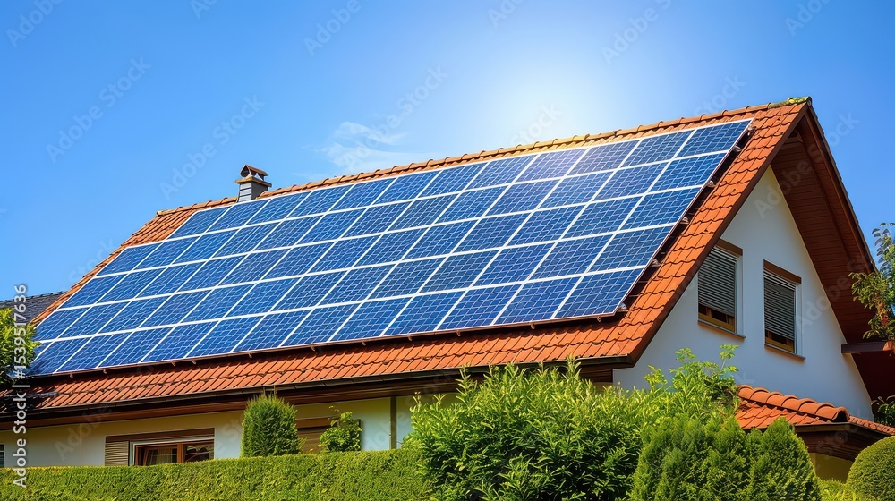 Solar panels on a farmhouse roof in a rural setting generating clean energy. Solar panels on a farmhouse roof in a rural setting generating clean energy.