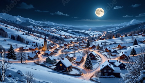 overhead view of a snowy village at night with a full moon in the sky, subject at the bottom of the image, with clear copy space at the top for text or graphics.