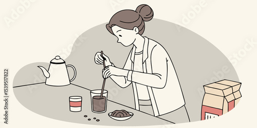 Woman stirs instant coffee in glass mug with boiled water on grey  stone table vector illustration.