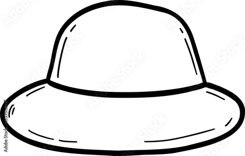 Hand drawn clothes and accessories outline doodle, Cartoon-style hat illustration with a wide brim and rounded crown.