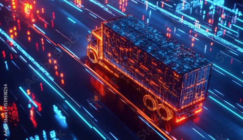 Futuristic truck on a digital highway