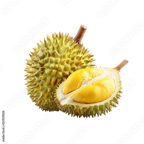 Close-up shot of a fresh durian fruit, both whole and opened, showcasing its unique texture and inviting creamy pulp