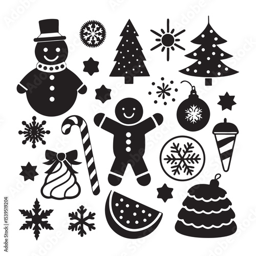 An assortment of Christmas icons including trees vector