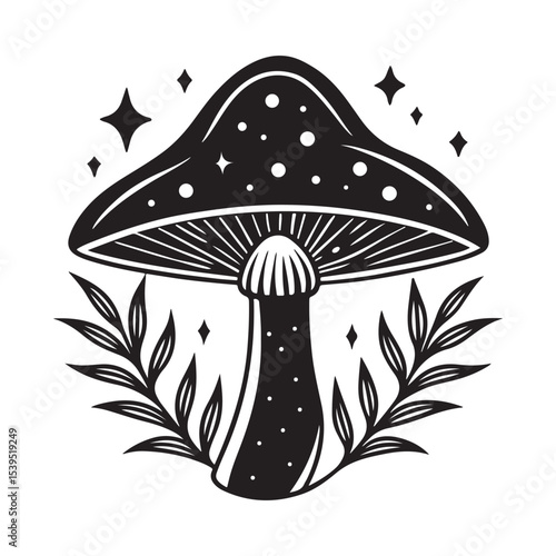 Features a stylized mushroom illustration