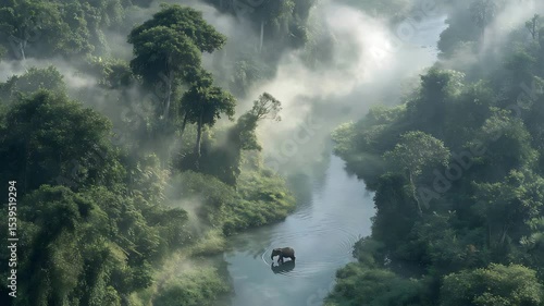Mystical Morning: Baby Elephant Wandering Through a Misty Jungle River