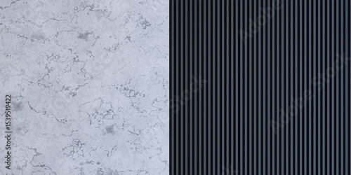 Fototapeta Naklejka Na Ścianę i Meble -  For the background, a modern wall seamless pattern with vertical black oak wood slats and white marble texture, luxury contrast background, copy space, 3d rendering illustration