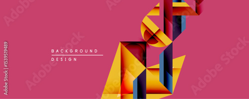 Abstract geometric composition. Overlapping ribbons create dynamic visual effect. Warm golden hues contrast with deep blues against vibrant pink backdrop. Modern design element.