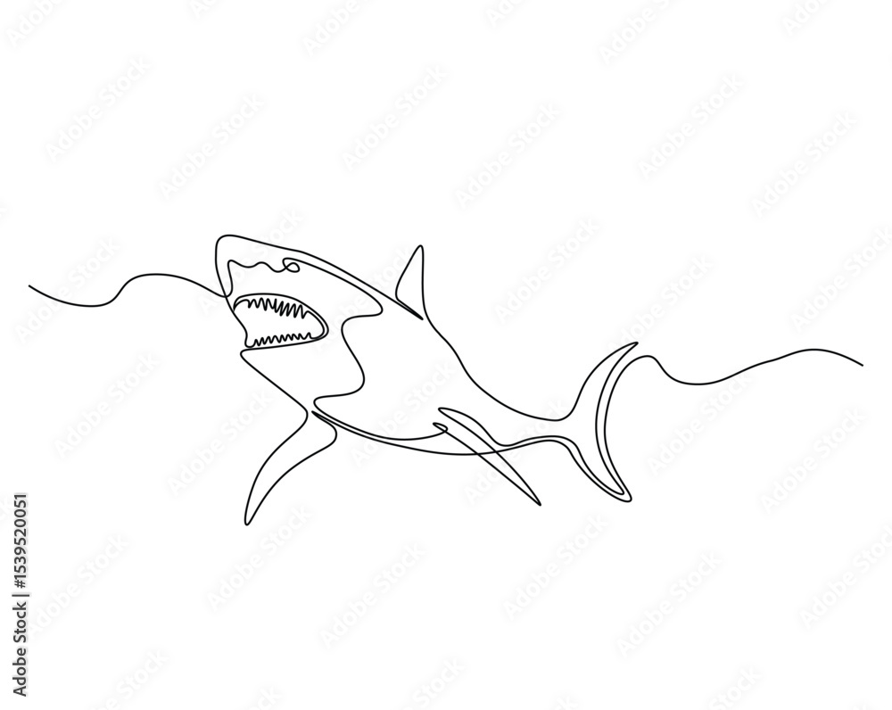 Fototapeta premium Shark in the ocean outline drawing illustration. one continuous line drawing of shark.