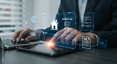 Property tax checklist and financial planning displayed on virtual screen as businessman uses digital tools to manage housing tax forms, payments, and income records for real estate assets