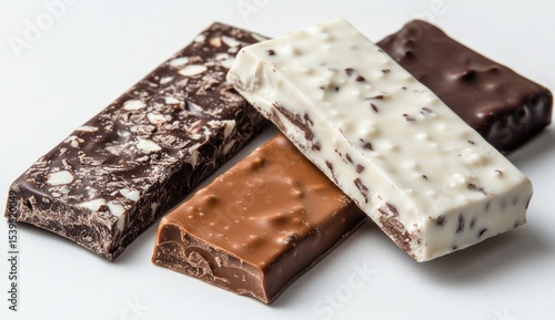 Assorted chocolate bars, overlapping, showing different colored chocolate and speckled textures