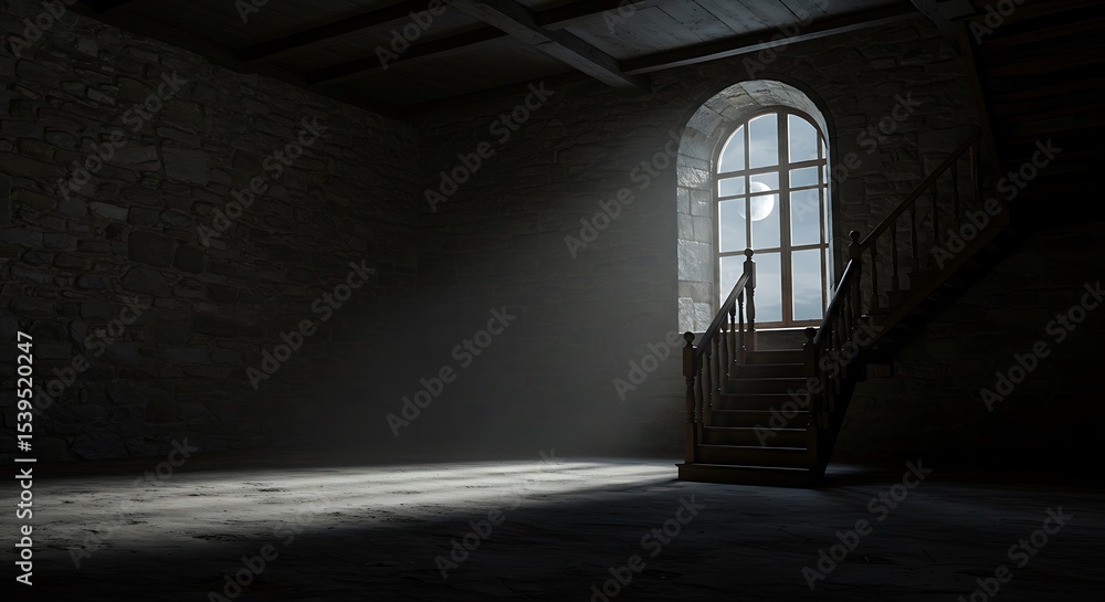 Fototapeta premium Empty room, Dark room with stone walls window and wooden staircase