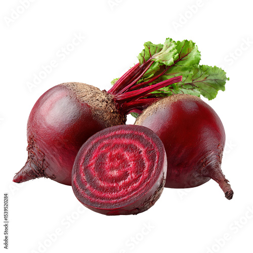 Two whole beets and one halved beet, showcasing their vibrant red color and fresh appearance.