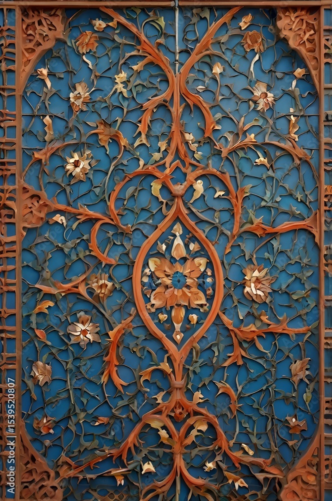 Clean Islamic floral arch window design, central stylized floral stem with symmetrical layout, blue and terracotta tones, flat illumination style, no shading,Generative Ai
Clean Islamic floral arch window design, central stylized floral stem with symmetrical layout, blue and terracotta tones, flat illumination style, no shading,Generative Ai